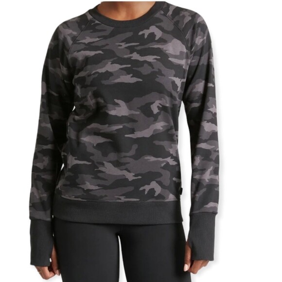Athleta Triumph size Small S Soft Crewneck Sweatshirt Black Gray Camouflage - Picture 1 of 11